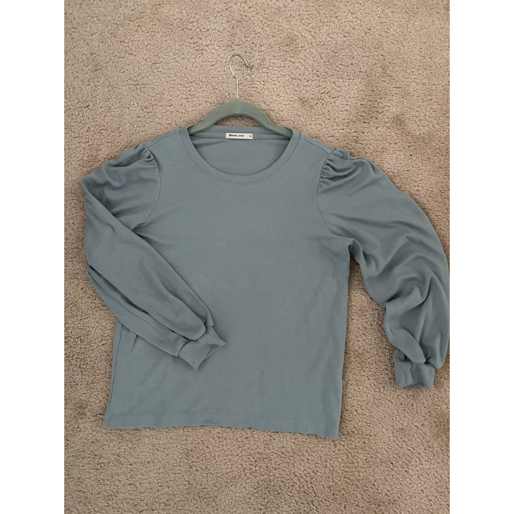 Marine Layer Shirt Womens M Lexi Ribbed Puff Sleeve Stretch Lyocell Mint Green